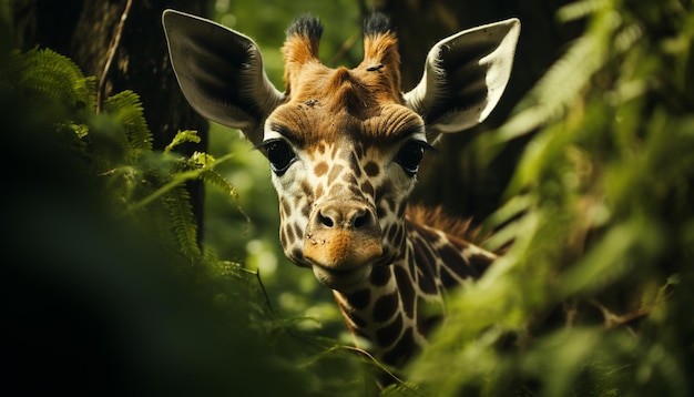 Free photo a cute giraffe looking at camera in the green forest generated by artificial intellingence