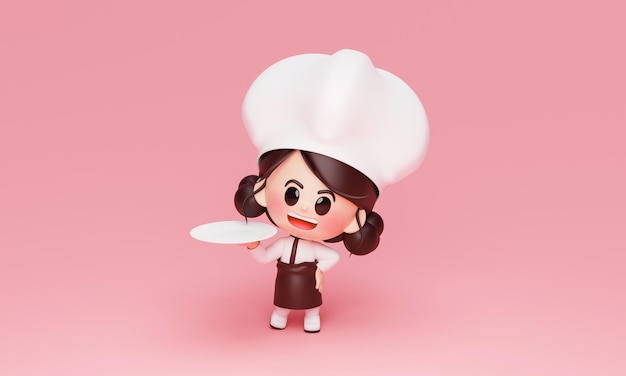 Free photo cute girl chef in uniform holding plate restaurant cook mascot on pink background 3d rendering