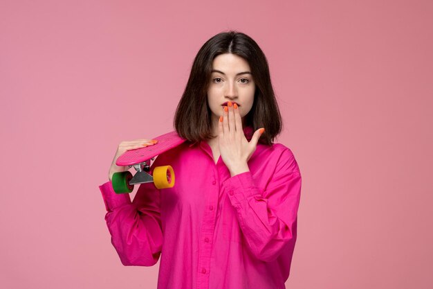 Cute girl lovely young brunette girl in pink shirt with red lipstick covering mouth