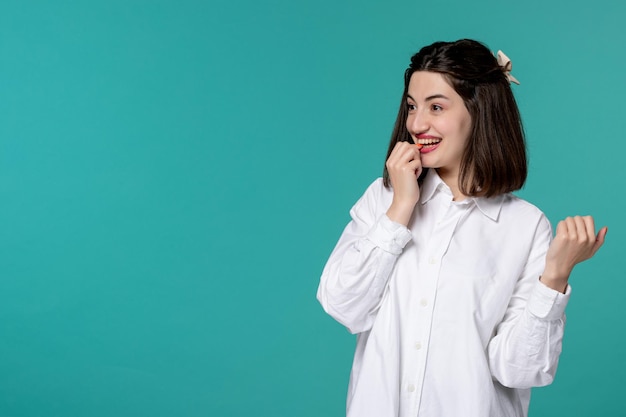 Cute girl pretty brunette young sweet girl in white shirt very excited looking at someone