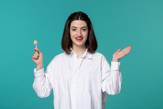 Cute girl pretty brunette young sweet girl in white shirt waving hands very happily