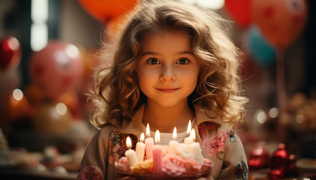 Free Photo cute girl smiling holding candle celebrating birthday with joy generated by artificial intelligence