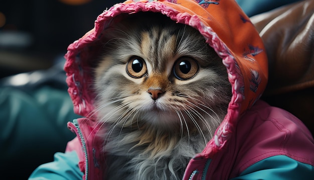 Free photo cute kitten in a hooded shirt staring playfully indoors generated by artificial intelligence