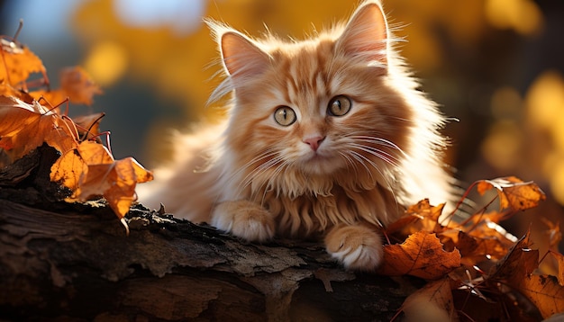 Free photo cute kitten playing in autumn forest surrounded by colorful leaves generated by artificial intelligence