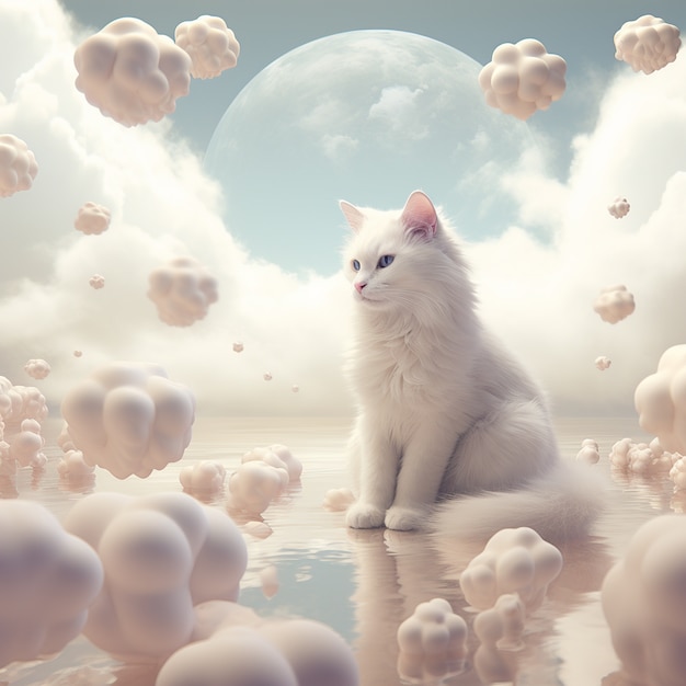 Cute kitten relaxing on clouds