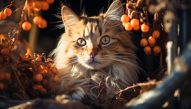 Free photo cute kitten sitting on branch looking at camera in nature generated by artificial intelligence