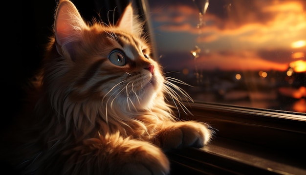 Free photo cute kitten sitting by window staring at sunset in nature generated by artificial intelligence