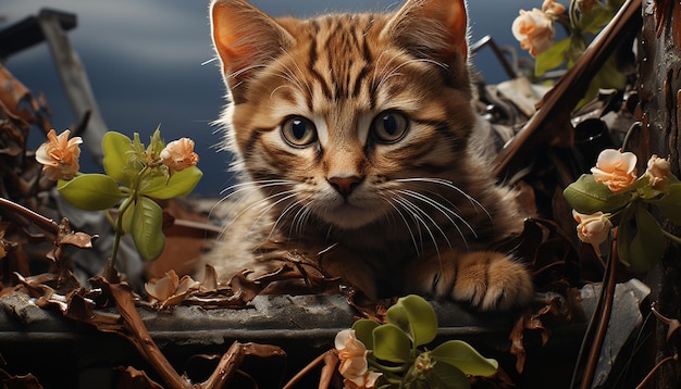 Free Photo cute kitten sitting on grass looking at camera playful and fluffy generated by artificial intelligence