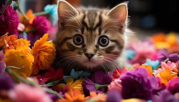 Free photo cute kitten sitting in grass looking at camera with curiosity generated by artificial intelligence