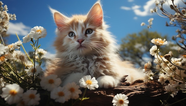 Free Photo cute kitten sitting in grass playful with daisy blossom generated by artificial intelligence