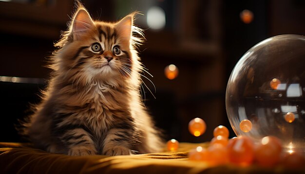 Free Photo cute kitten sitting looking at camera playful with toy generated by artificial intelligence