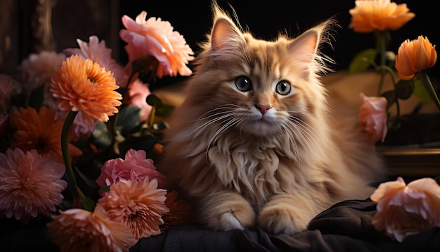 Free photo a cute kitten sitting outdoors looking at camera surrounded by flowers generated by artificial intelligence