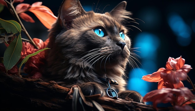 Free Photo cute kitten sitting staring at flower nature beauty generated by artificial intelligence