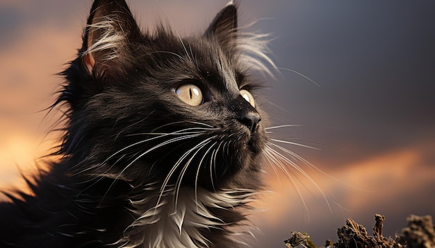 Free photo cute kitten sitting staring at sunset fluffy fur shining generated by artificial intelligence