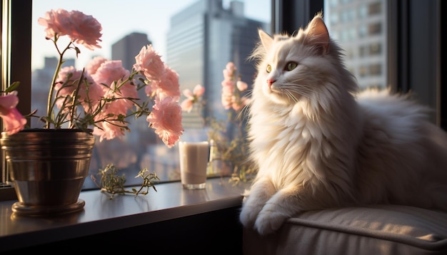 Free photo cute kitten sitting on window sill enjoying nature beauty generated by artificial intelligence