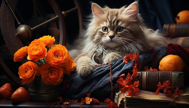 Free photo cute kitten sitting on a wooden table surrounded by autumn leaves generated by artificial intelligence