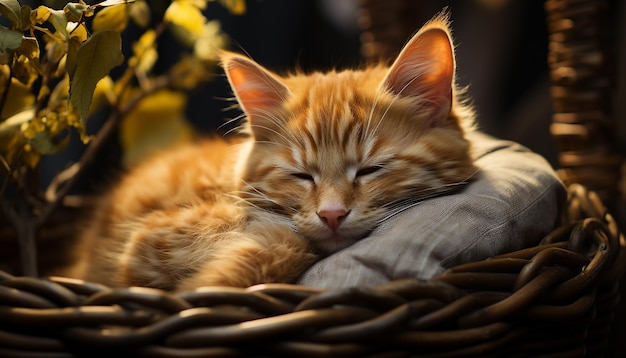 Free photo cute kitten sleeping striped fur nature beauty in focus generated by artificial intelligence