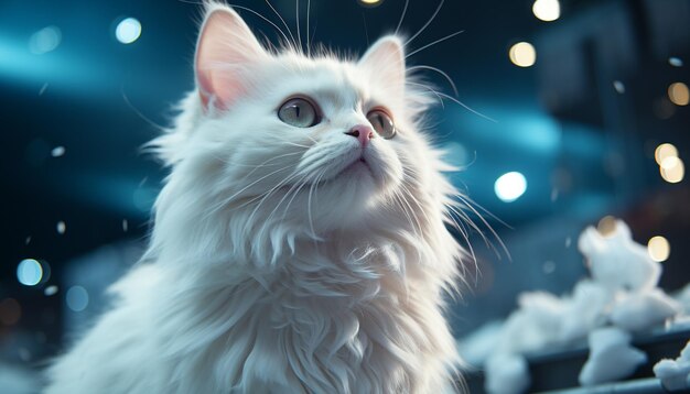 Cute kitten staring outdoors fluffy fur illuminated by snow generated by artificial intelligence