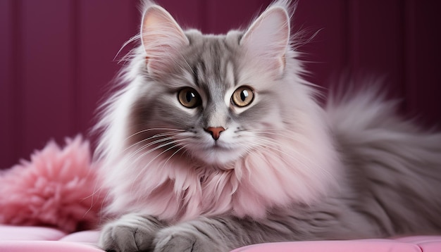 Free photo cute kitten with fluffy fur sitting and staring with curiosity generated by artificial intelligence