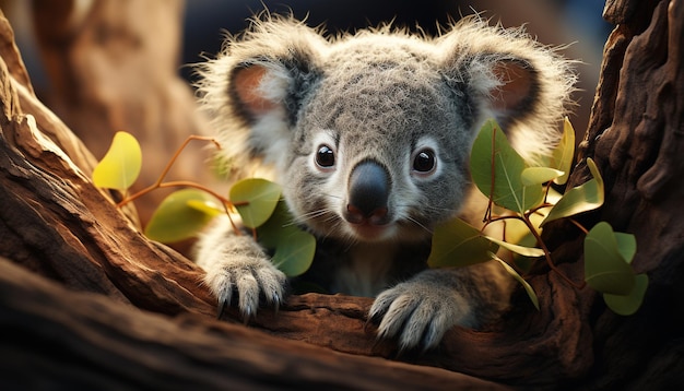 Cute koala sitting on branch looking at camera generated by artificial intelligence