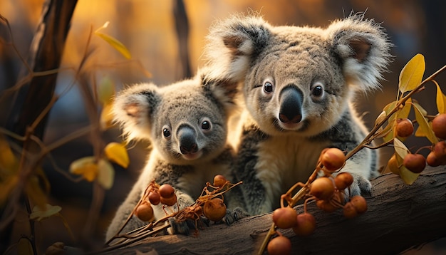 Free photo cute koala sitting on tree branch looking at camera generated by artificial intelligence