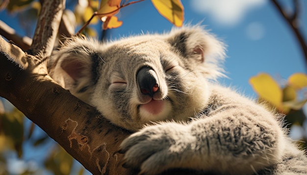 Free photo cute koala sleeping on branch eyes closed peaceful nature generated by artificial intelligence