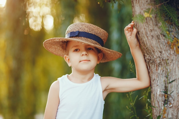 Cute little boy in a hat spend time in a summer park