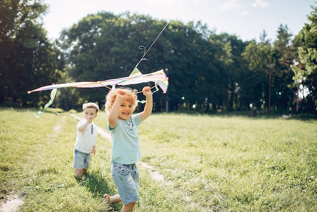 Free Photo cute little child in a summer field with a kite