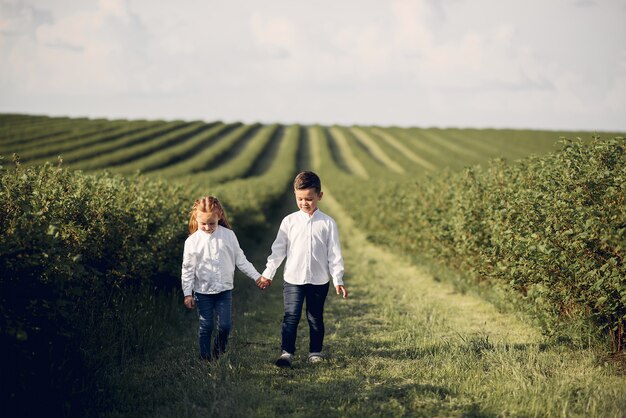 Cute little children in a spring field