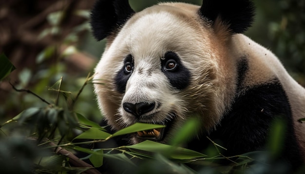 Free photo cute panda eating bamboo in tropical forest generated by ai