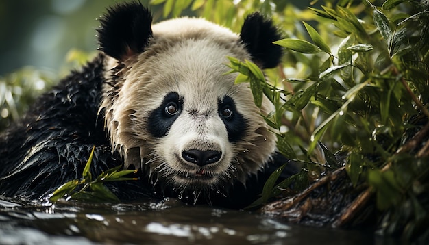 Free Photo cute panda sitting in the forest eating bamboo looking playful generated by artificial intelligence