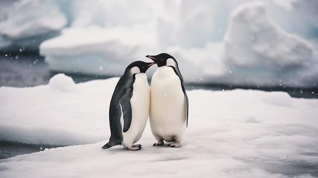 Cute penguins standing next to each other and showing affection