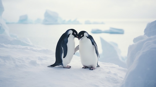 Cute penguins standing next to each other and showing affection