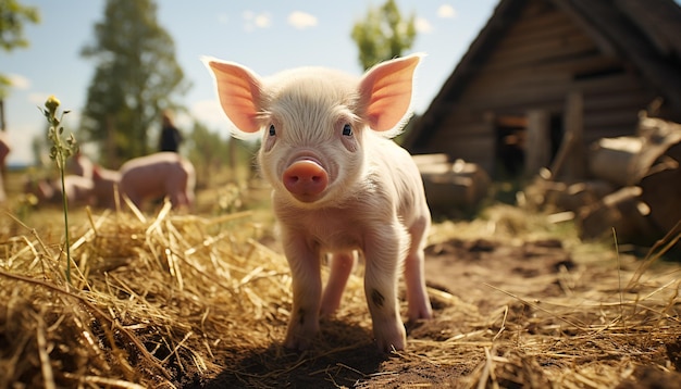 Cute piglet grazing on meadow looking at camera nature growth generated by artificial intelligence