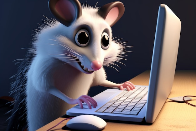 Free photo cute possum with computer