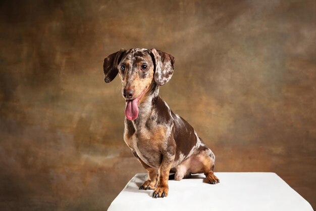 Cute puppy of Dachshund dog posing isolated over brown background