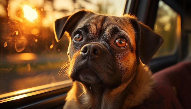 Free Photo cute puppy looking out car window enjoying nature journey generated by artificial intelligence