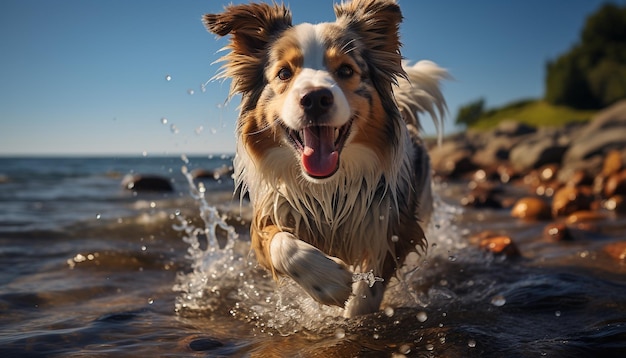 Free Photo cute puppy playing in the water purebred australian shepherd jumping generated by artificial intelligence