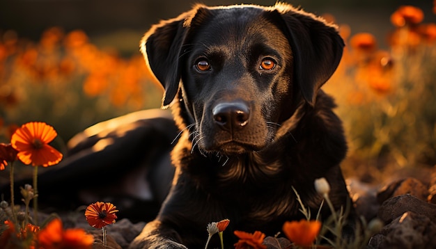 Free Photo cute puppy sitting in grass looking at camera outdoors generated by artificial intelligence