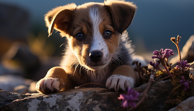 Free Photo cute puppy sitting in grass looking at camera playful and fluffy generated by artificial intellingence