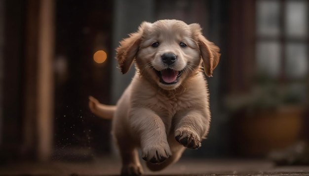 Cute puppy sitting looking at camera indoors generated by AI