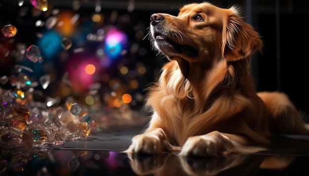 Free photo cute puppy sitting looking celebrating christmas with golden retriever generated by artificial intelligence