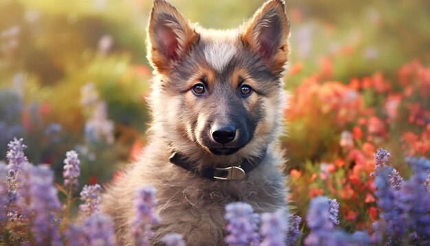 Free Photo cute puppy sitting outdoors looking at camera in meadow generated by artificial intelligence