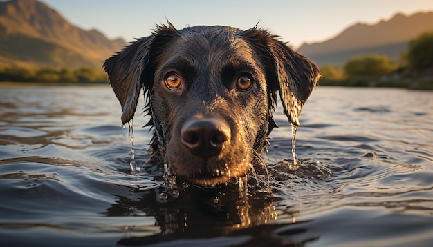 Cute puppy swimming in nature reflecting purebred beauty generated by artificial intelligence