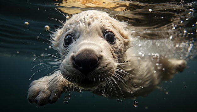 Cute puppy swimming underwater wet fur playful and looking at camera generated by artificial intelligence