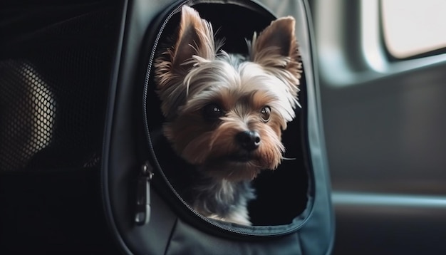 Cute purebred terrier puppy sitting in car generated by AI