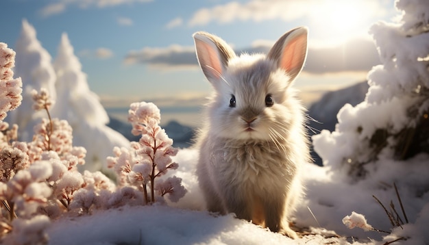 Cute rabbit sits in snow enjoying winter fluffy fur generated by artificial intelligence