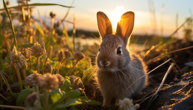 Cute rabbit sitting in green meadow enjoying the summer sunlight generated by artificial intelligence