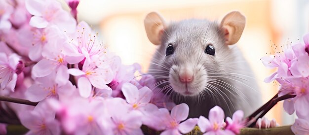 Cute rat with flowers outdoors