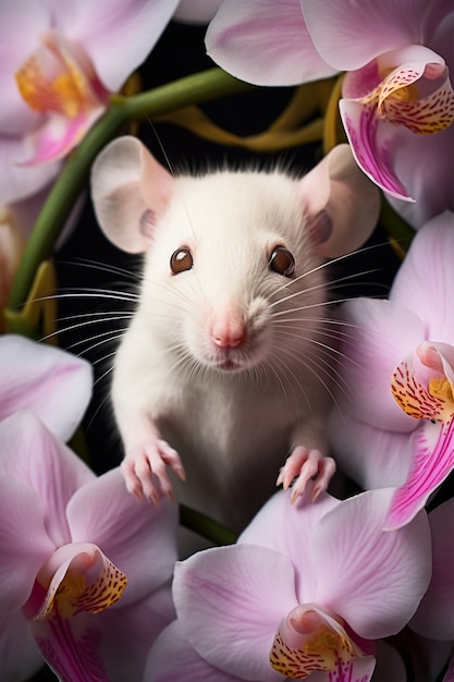 Cute rat with flowers in studio